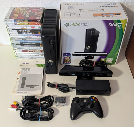 Xbox 360 S Konsole 4 GB Schwarz OVP - Wireless Controller - 19x Spiele - Kinect