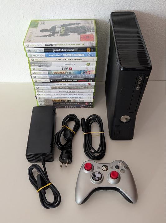 Xbox 360 S Konsole 4 GB Schwarz - Wireless Controller - 17x Spiele